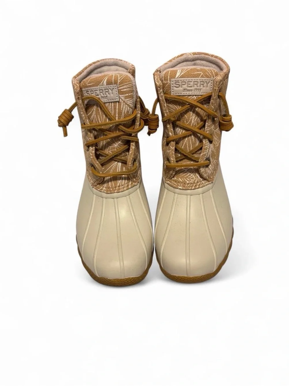Sperry Tan and Cream Patterned Duck Boots